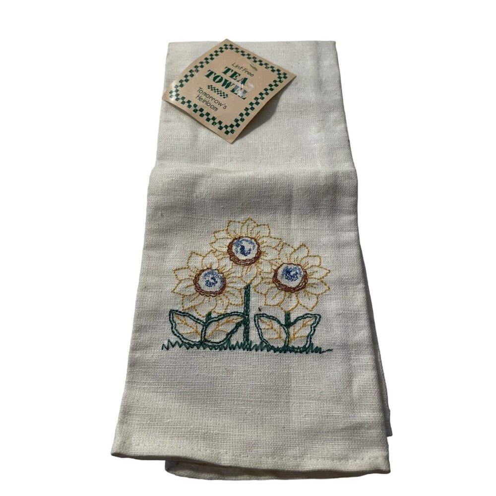 NOS Vintage Lint Free Hand Tea‎ Towel Embroidered Floral Sunflower Tan Beige